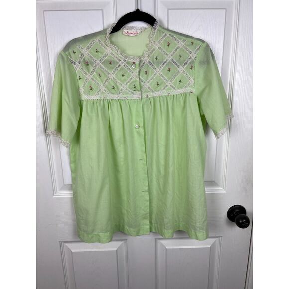 Vintage 50s 60s cotton embroidered green floral lace button up night shirt L - Picture 8 of 9